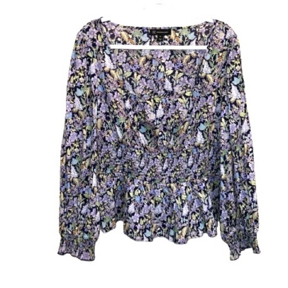 INC floral blouse peasant shirt xl square neckline smocked waist and wrist - Picture 1 of 6